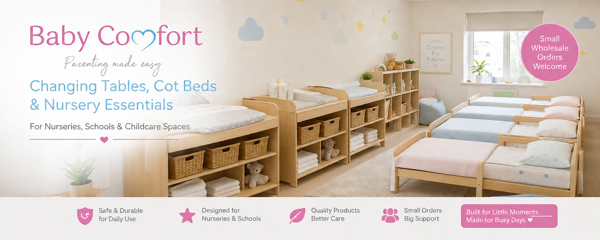 Promotional banner for Baby Comfort nursery essentials, showing wooden changing tables, a cot bed, shelving, and bedding in a bright nursery setting, with text and pink feature icons across the bottom.