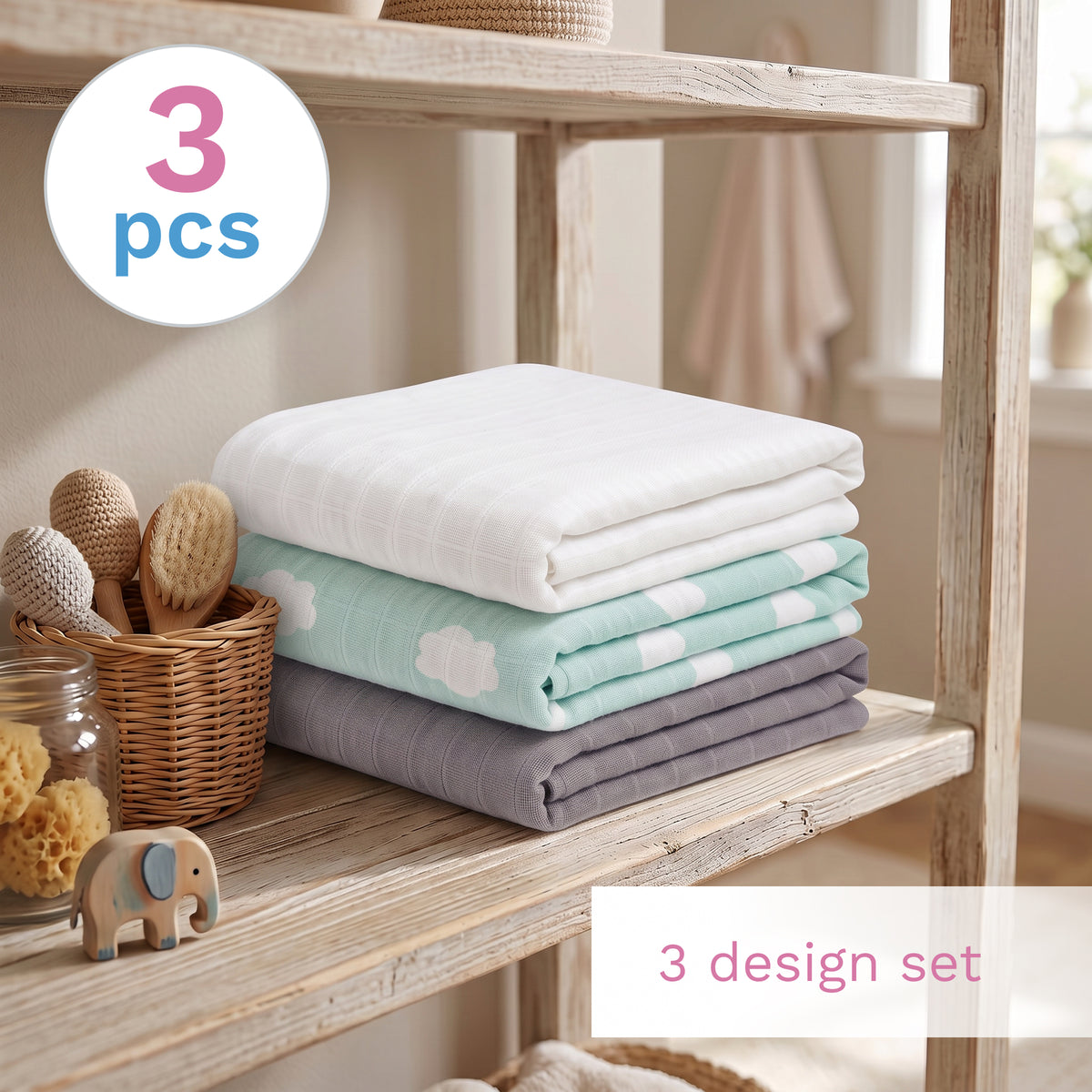Muslin Swaddle Cloths for Newborns – Pack of 3, 110 × 110 cm